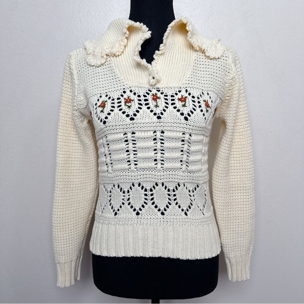Beewear Womens Small Vintage Open Crochet Ivory Floral Collar Sweater - Picture 2 of 15